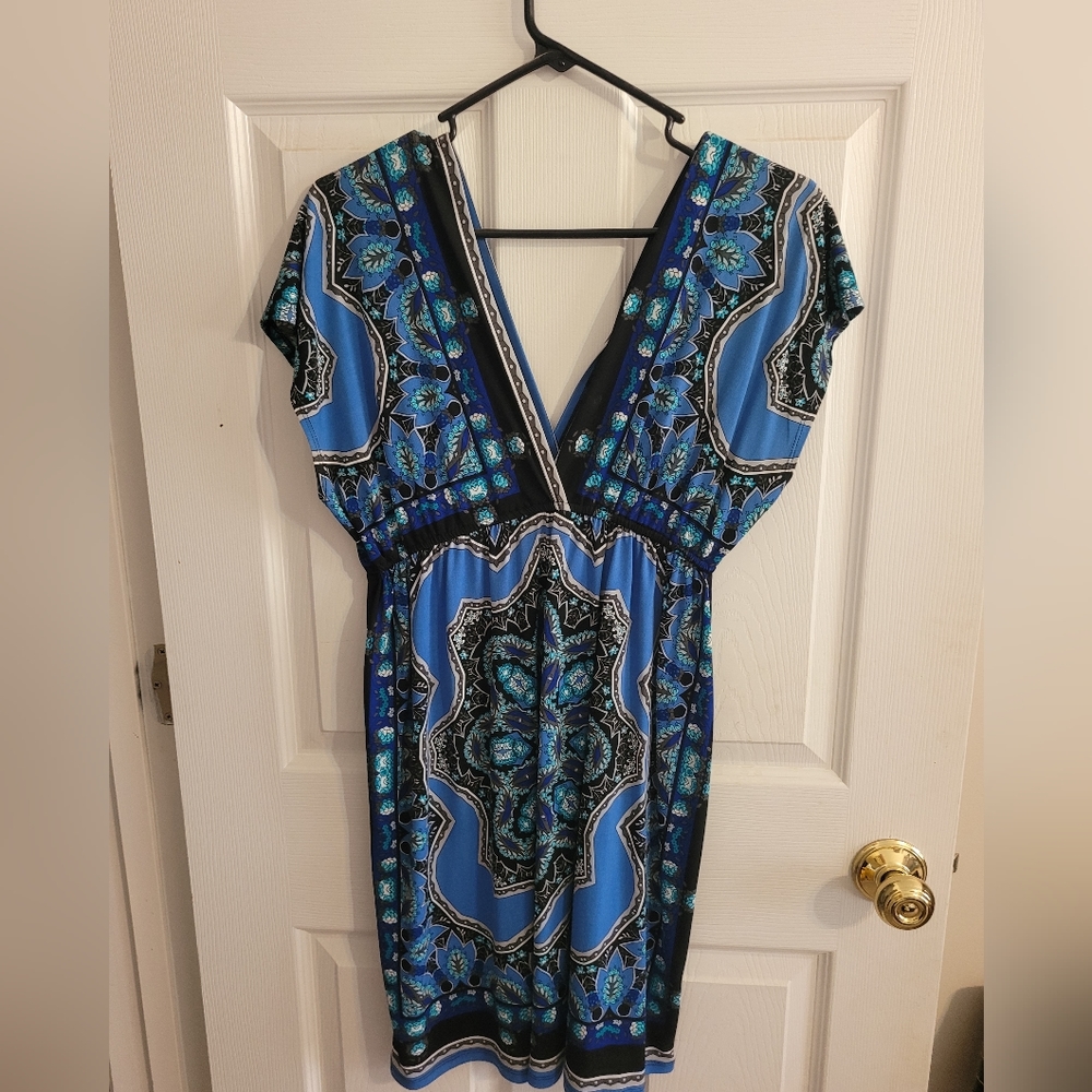 Snap Blue Demask Printed Dress